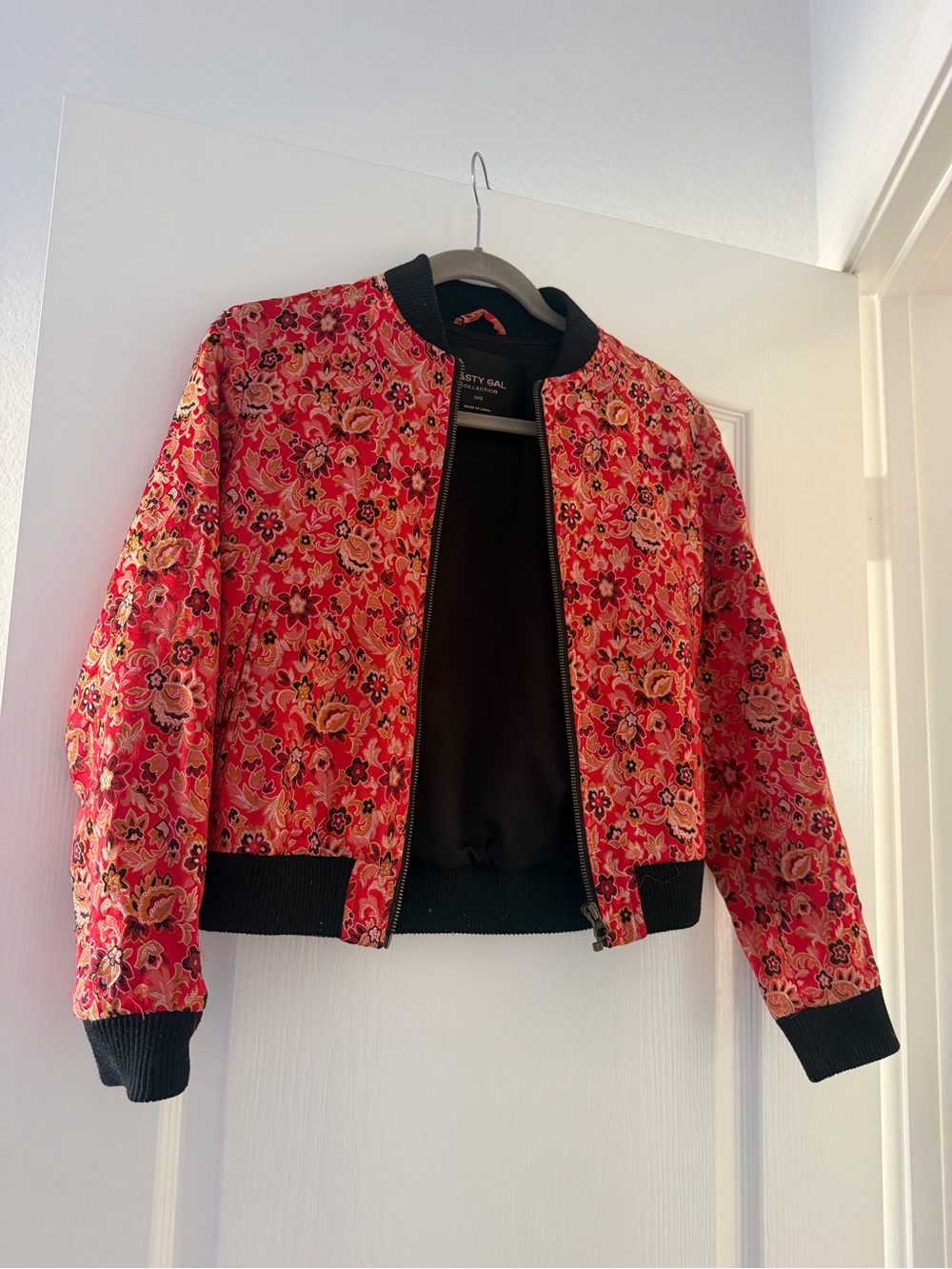 Nasty Gal Pink Floral Bomber Jacket with Black Trim